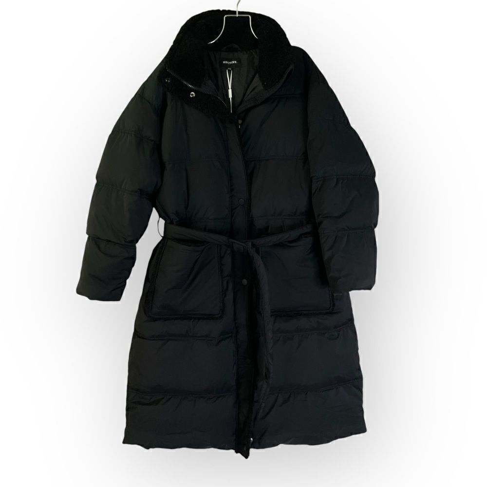 Meotine Sandie Coat Black Long Puffer S/M Down Filled Faux Fur